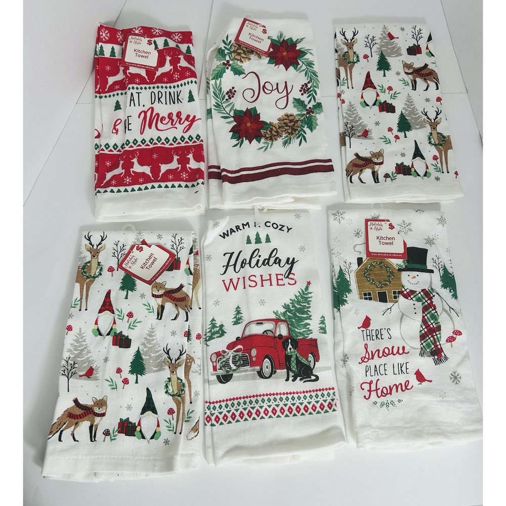 LOT of 6 Christmas Holiday Tea Hand Towels Woodland Snowman Red Truck Joy‎ Merry
